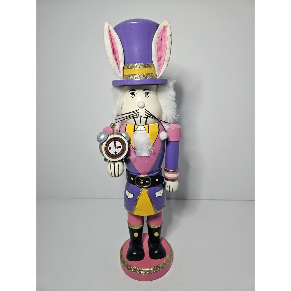 White Rabbit Alice in Wonderland Wooden Christmas Nutcracker Clock Figurine 14"
